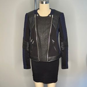 Rebecca Taylor Mixed Media Biker Jacket - Sz 2 - Blue and Black leather / tweed